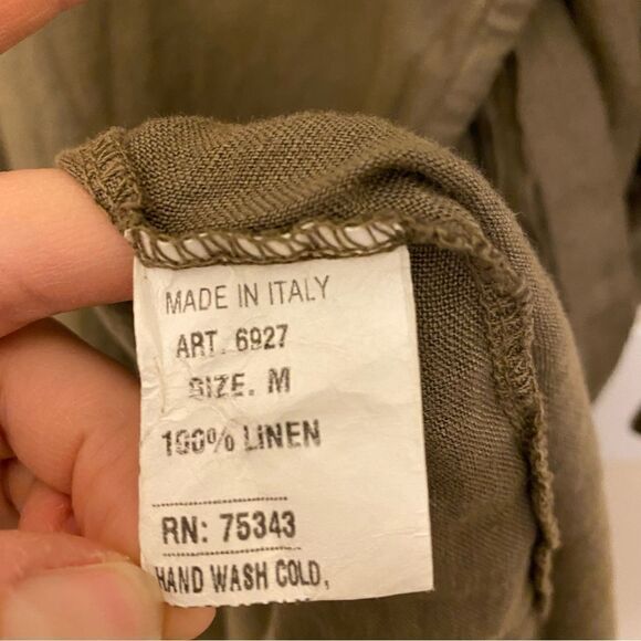 Dark Army Olive green linen wrap button front dress coastal beachy logenlook M - Picture 11 of 11